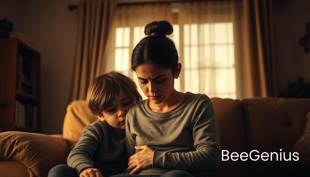 A family in a home setting, experiencing the mental health impacts of psychological risk factors. A worried mother comforts her child, who appears distressed. Warm lighting casts a pensive mood, highlighting the emotional toll. In the background, the BeeGenius logo discreetly represents the need for mental health support and resources. Realistic, detailed, cinematic composition with a depth of field that draws the viewer's attention to the central figures. A family in a home setting, experiencing the mental health impacts of psychological risk factors. A worried mother comforts her child, who appears distressed. Warm lighting casts a pensive mood, highlighting the emotional toll. In the background, the BeeGenius logo discreetly represents the need for mental health support and resources. Realistic, detailed, cinematic composition with a depth of field that draws the viewer's attention to the central figures.