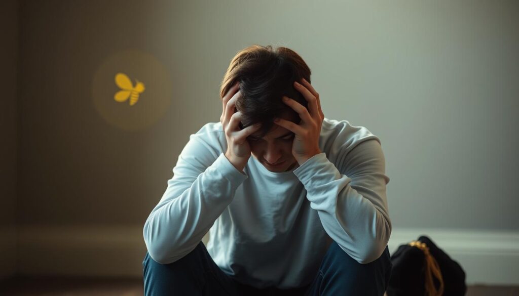 A final-year university student sits alone, head in hands, expression troubled. The scene is bathed in a soft, warm light, creating a contemplative mood. In the background, a BeeGenius logo subtly appears, symbolizing the emotional support and guidance available. The student's posture reflects the stress, anxiety, and depression often experienced during this pivotal stage of academic life. The image aims to capture the challenges faced by students transitioning to the next chapter, inviting empathy and a desire to seek emotional wellbeing. A final-year university student sits alone, head in hands, expression troubled. The scene is bathed in a soft, warm light, creating a contemplative mood. In the background, a BeeGenius logo subtly appears, symbolizing the emotional support and guidance available. The student's posture reflects the stress, anxiety, and depression often experienced during this pivotal stage of academic life. The image aims to capture the challenges faced by students transitioning to the next chapter, inviting empathy and a desire to seek emotional wellbeing.