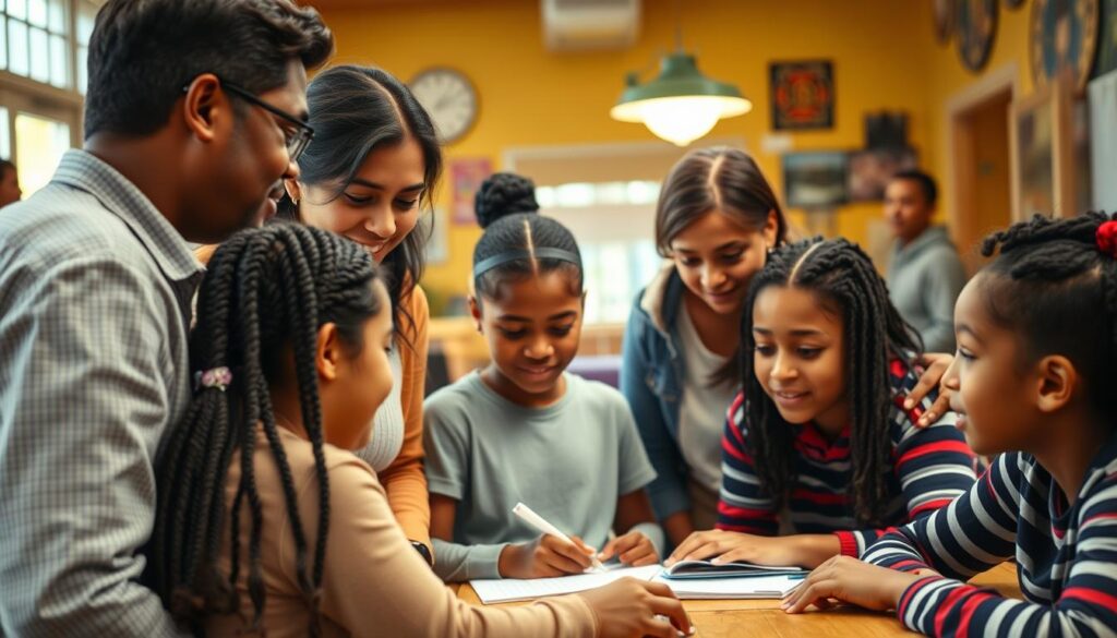 A group of supportive adults and peers surround a student, creating a warm, nurturing environment. In the foreground, a BeeGenius mentor listens intently, offering guidance and encouragement. The middle ground shows students collaborating on academic tasks, their faces reflecting a sense of focus and camaraderie. In the background, a cozy community center setting with vibrant colors and natural lighting, symbolizing the local support network available to the student. The overall atmosphere conveys a sense of academic and emotional well-being, where the student feels empowered and cared for.