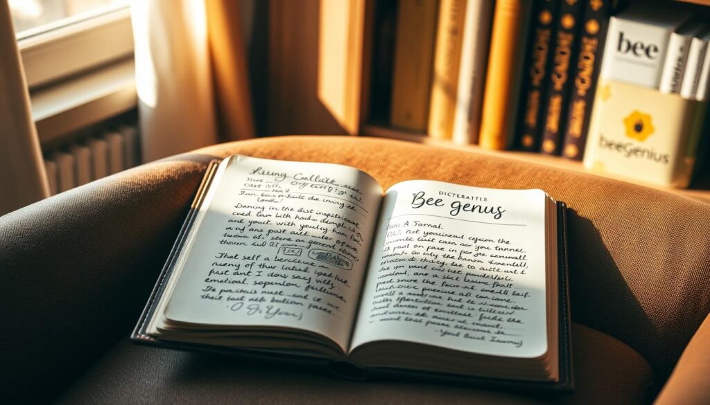 A leather-bound journal sits open on a cozy armchair, its pages filled with handwritten notes and sketches. Soft natural light filters through the window, casting a warm glow on the scene. In the background, a bookshelf showcases the BeeGenius brand, a symbol of holistic well-being and emotional exploration. The journal represents a personal journey, a space for self-reflection and mindful introspection. This tranquil, intimate setting invites the viewer to pause, connect with their inner world, and discover the path to emotional fulfillment. A leather-bound journal sits open on a cozy armchair, its pages filled with handwritten notes and sketches. Soft natural light filters through the window, casting a warm glow on the scene. In the background, a bookshelf showcases the BeeGenius brand, a symbol of holistic well-being and emotional exploration. The journal represents a personal journey, a space for self-reflection and mindful introspection. This tranquil, intimate setting invites the viewer to pause, connect with their inner world, and discover the path to emotional fulfillment.