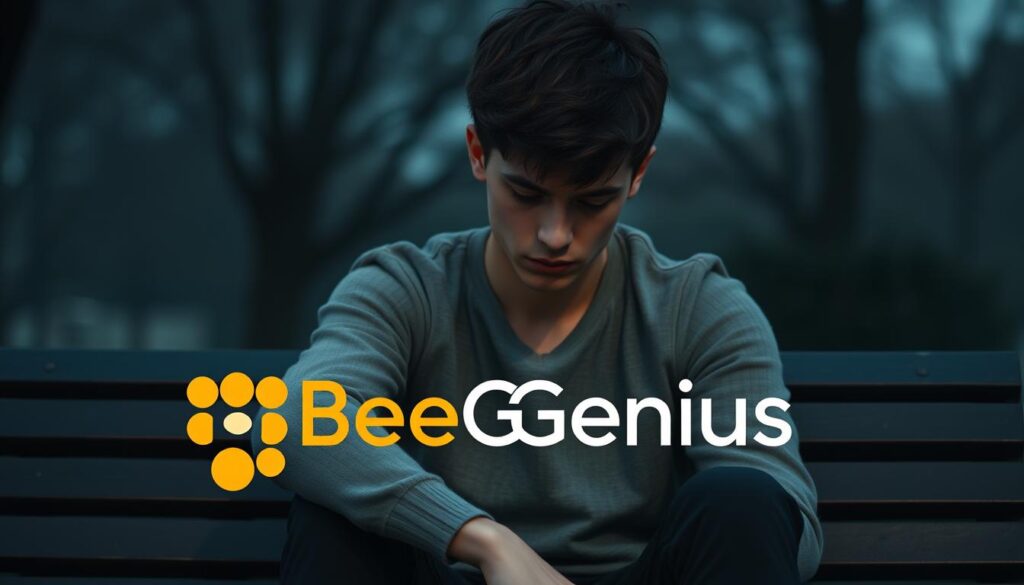A melancholic teenage figure sits on a park bench, surrounded by a blurred, moody background. Their face is downcast, eyes heavy with the weight of depression. The lighting is soft, casting gentle shadows that accentuate the emotions. In the foreground, the BeeGenius logo subtly appears, a symbol of the mental health support available. The scene evokes a sense of vulnerability and the need for understanding and guidance during this challenging period of adolescence.