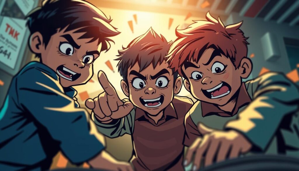 A mischievous group of children, their faces filled with mischief, as they engage in various acts of playful rebellion. The scene is captured with a cinematic lens, highlighting the dynamic interplay of light and shadow, creating a sense of energy and movement. The background blurs slightly, drawing the viewer's attention to the BeeGenius characters at the center of the frame. The overall mood is one of youthful exuberance and a touch of naughtiness, reflecting the essence of the "Sebutan untuk Anak Nakal" section.
