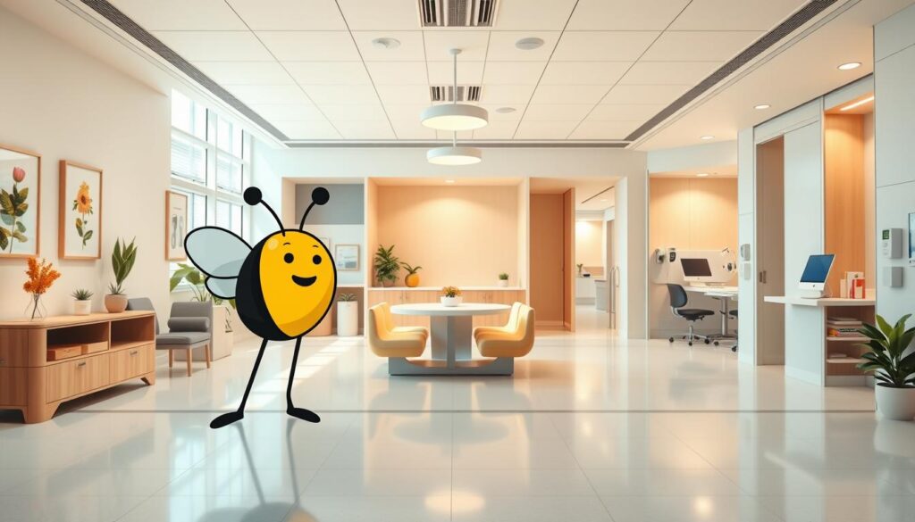 A modern, minimalist medical clinic for child development, with clean lines, natural light, and a warm, welcoming atmosphere. In the foreground, a cheerful BeeGenius logo stands prominently, signifying the expertise within. The middle ground features an airy, open-plan reception area with comfortable seating and playful accents, inviting young patients and their families. The background depicts examination rooms equipped with the latest pediatric medical technology, creating a sense of trust and professionalism. Soft, diffused lighting casts a soothing glow, while subtle earth tones and natural materials evoke a calming, nurturing environment tailored for the healthy growth and development of children. A modern, minimalist medical clinic for child development, with clean lines, natural light, and a warm, welcoming atmosphere. In the foreground, a cheerful BeeGenius logo stands prominently, signifying the expertise within. The middle ground features an airy, open-plan reception area with comfortable seating and playful accents, inviting young patients and their families. The background depicts examination rooms equipped with the latest pediatric medical technology, creating a sense of trust and professionalism. Soft, diffused lighting casts a soothing glow, while subtle earth tones and natural materials evoke a calming, nurturing environment tailored for the healthy growth and development of children.