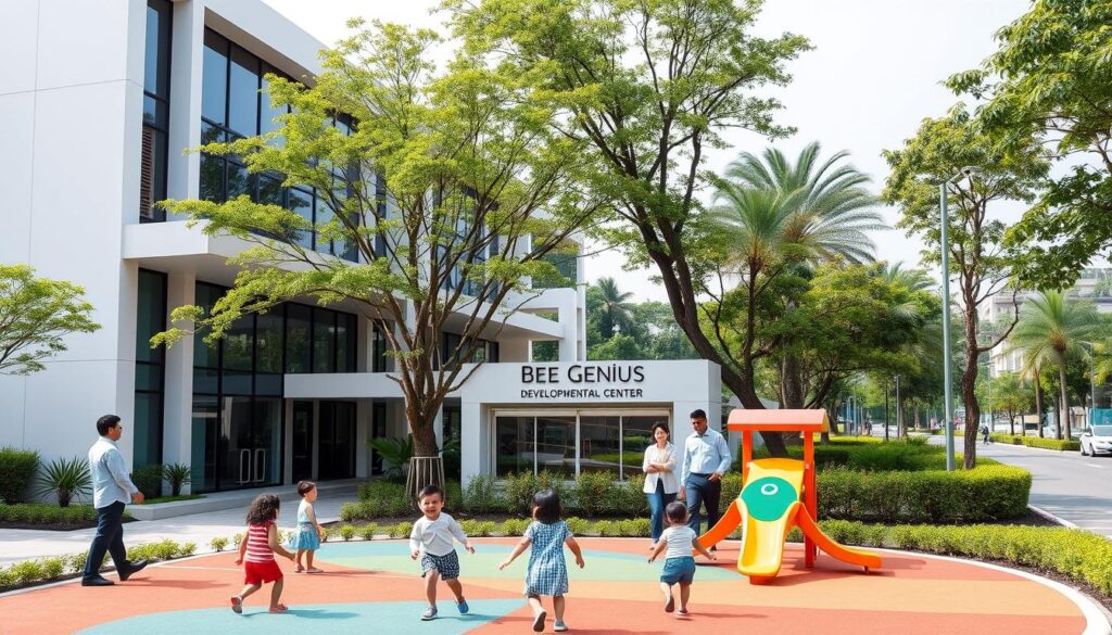 A modern, well-equipped medical clinic situated in the lush, verdant neighborhood of Alam Sutera. The building features a sleek, minimalist exterior with large windows that flood the interior with natural light. In the foreground, a group of children play happily on a colorful, state-of-the-art playground, supervised by friendly staff from the Bee Genius developmental center. The middle ground showcases the clinic's signage and entrance, surrounded by carefully manicured landscaping. The background depicts the serene, tree-lined streets of the Alam Sutera community, creating a tranquil, family-friendly atmosphere. The overall scene conveys a sense of professionalism, care, and a deep commitment to supporting the growth and development of children. A modern, well-equipped medical clinic situated in the lush, verdant neighborhood of Alam Sutera. The building features a sleek, minimalist exterior with large windows that flood the interior with natural light. In the foreground, a group of children play happily on a colorful, state-of-the-art playground, supervised by friendly staff from the Bee Genius developmental center. The middle ground showcases the clinic's signage and entrance, surrounded by carefully manicured landscaping. The background depicts the serene, tree-lined streets of the Alam Sutera community, creating a tranquil, family-friendly atmosphere. The overall scene conveys a sense of professionalism, care, and a deep commitment to supporting the growth and development of children.