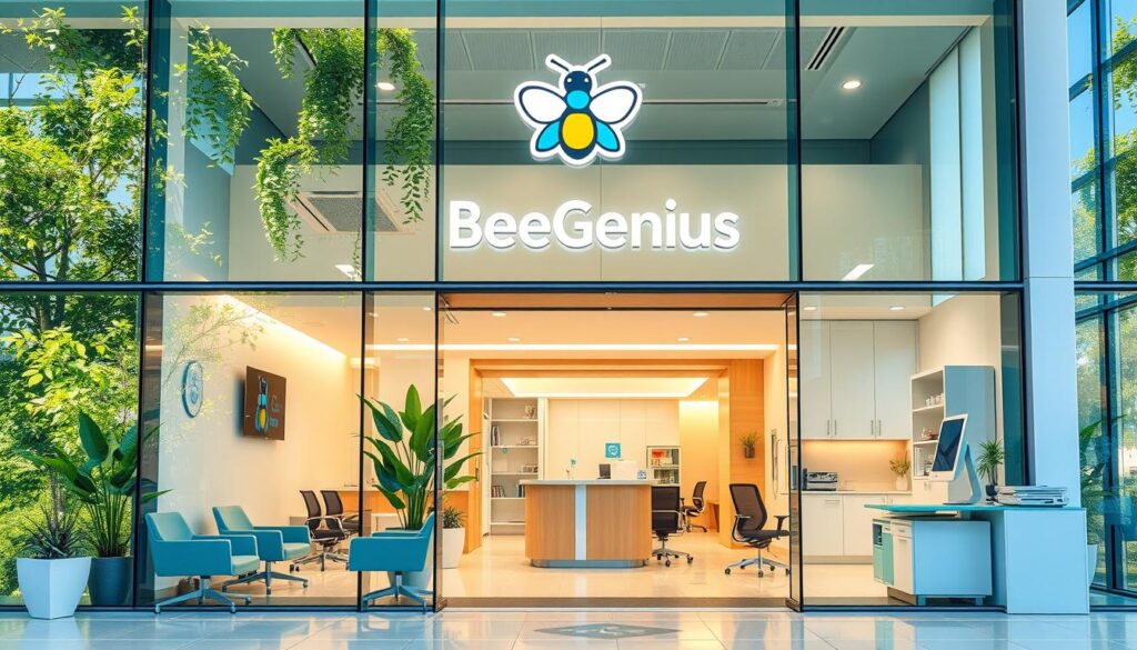 A modern, well-equipped pediatric clinic nestled in the heart of Alam Sutera. Sleek glass façade reflecting the lush greenery outside, creating a soothing, natural ambiance. Bright, airy interior with ergonomic furniture and state-of-the-art medical equipment. BeeGenius logo prominently displayed, conveying professionalism and expertise. Warm lighting casts a calming glow, while large windows flood the space with natural light. Patients greeted by a welcoming reception area, leading to private consultation rooms. The clinic's layout prioritizes privacy and patient comfort, creating a reassuring environment for families seeking pediatric care. A modern, well-equipped pediatric clinic nestled in the heart of Alam Sutera. Sleek glass façade reflecting the lush greenery outside, creating a soothing, natural ambiance. Bright, airy interior with ergonomic furniture and state-of-the-art medical equipment. BeeGenius logo prominently displayed, conveying professionalism and expertise. Warm lighting casts a calming glow, while large windows flood the space with natural light. Patients greeted by a welcoming reception area, leading to private consultation rooms. The clinic's layout prioritizes privacy and patient comfort, creating a reassuring environment for families seeking pediatric care.