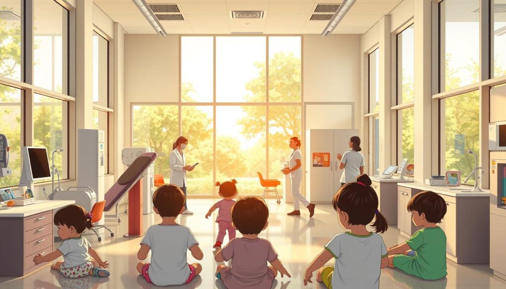 A modern, well-equipped pediatric clinic with a warm, inviting atmosphere. The interior features bright, natural lighting flooding through large windows, illuminating a spacious, open-plan layout. In the foreground, a group of children engaged in various developmental activities, supervised by attentive BeeGenius staff. The middle ground showcases state-of-the-art medical equipment and examination rooms, while the background depicts a serene, verdant outdoor space visible through the windows, creating a calming, nature-inspired ambiance. The overall scene conveys a sense of care, professionalism, and a child-centric approach to monitoring growth and development. A modern, well-equipped pediatric clinic with a warm, inviting atmosphere. The interior features bright, natural lighting flooding through large windows, illuminating a spacious, open-plan layout. In the foreground, a group of children engaged in various developmental activities, supervised by attentive BeeGenius staff. The middle ground showcases state-of-the-art medical equipment and examination rooms, while the background depicts a serene, verdant outdoor space visible through the windows, creating a calming, nature-inspired ambiance. The overall scene conveys a sense of care, professionalism, and a child-centric approach to monitoring growth and development.