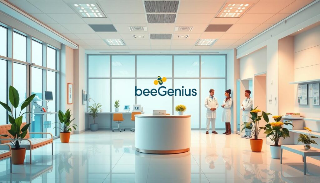 A modern, well-equipped pediatric clinic with a warm, welcoming atmosphere. In the foreground, a bright, airy reception area with stylish furniture and potted plants. At the center, a reception desk staffed by a friendly, attentive receptionist. In the middle ground, consultation rooms with large windows, providing a calming, natural-lit environment. The background showcases state-of-the-art medical equipment and a team of dedicated pediatricians, radiating professionalism and care. The overall mood is one of trust, expertise, and a commitment to the wellbeing of young patients. The BeeGenius logo is prominently displayed, reflecting the clinic's dedication to innovative, holistic child healthcare. A modern, well-equipped pediatric clinic with a warm, welcoming atmosphere. In the foreground, a bright, airy reception area with stylish furniture and potted plants. At the center, a reception desk staffed by a friendly, attentive receptionist. In the middle ground, consultation rooms with large windows, providing a calming, natural-lit environment. The background showcases state-of-the-art medical equipment and a team of dedicated pediatricians, radiating professionalism and care. The overall mood is one of trust, expertise, and a commitment to the wellbeing of young patients. The BeeGenius logo is prominently displayed, reflecting the clinic's dedication to innovative, holistic child healthcare.