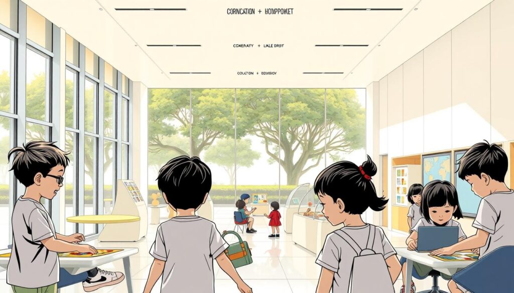 A modern, well-lit interior of the BeeGenius learning center, with sleek, minimalist design. The space is filled with natural light, casting a warm, inviting glow. In the foreground, a group of children are engaged in various educational activities, their faces animated with curiosity and focus. The middle ground features stylish, ergonomic furniture and educational displays, showcasing the center's commitment to both form and function. In the background, floor-to-ceiling windows offer a view of a serene, tree-lined outdoor space, creating a sense of balance and connection with nature. The overall atmosphere is one of creativity, learning, and growth, perfectly capturing the essence of the BeeGenius brand. A modern, well-lit interior of the BeeGenius learning center, with sleek, minimalist design. The space is filled with natural light, casting a warm, inviting glow. In the foreground, a group of children are engaged in various educational activities, their faces animated with curiosity and focus. The middle ground features stylish, ergonomic furniture and educational displays, showcasing the center's commitment to both form and function. In the background, floor-to-ceiling windows offer a view of a serene, tree-lined outdoor space, creating a sense of balance and connection with nature. The overall atmosphere is one of creativity, learning, and growth, perfectly capturing the essence of the BeeGenius brand.