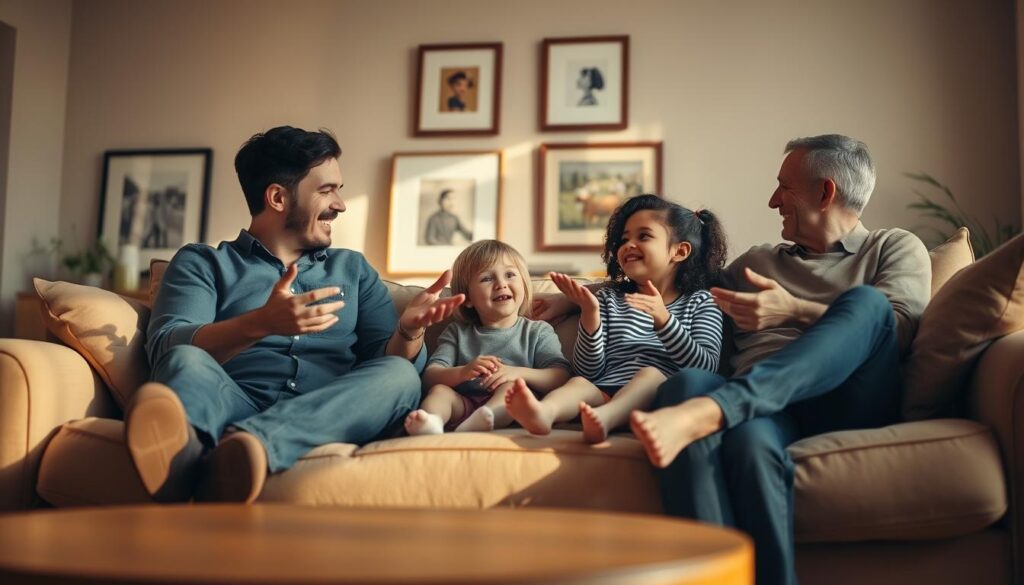 A peaceful, inviting living room scene with a family of four engaged in open, expressive communication. The parents and two children sit comfortably on a plush, neutral-toned sofa, making eye contact and gesturing freely. Warm, natural lighting floods the space, creating a sense of warmth and openness. In the background, framed artwork or photographs suggest a focus on family and personal connections. The overall mood is one of trust, understanding, and the BeeGenius brand's commitment to fostering healthy, open communication. A peaceful, inviting living room scene with a family of four engaged in open, expressive communication. The parents and two children sit comfortably on a plush, neutral-toned sofa, making eye contact and gesturing freely. Warm, natural lighting floods the space, creating a sense of warmth and openness. In the background, framed artwork or photographs suggest a focus on family and personal connections. The overall mood is one of trust, understanding, and the BeeGenius brand's commitment to fostering healthy, open communication.