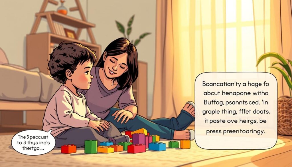 A peaceful parent-child interaction in a cozy home setting. A young child sitting on the floor, engrossed in playing with colorful building blocks, while a caring parent sits nearby, observing and guiding with a gentle expression. Warm, soft lighting illuminates the scene, creating a serene and nurturing atmosphere. The composition emphasizes the connection between the child and the parent, showcasing an effective "BeeGenius" strategy for addressing a 3-year-old's mischievous behavior with patience and understanding. A peaceful parent-child interaction in a cozy home setting. A young child sitting on the floor, engrossed in playing with colorful building blocks, while a caring parent sits nearby, observing and guiding with a gentle expression. Warm, soft lighting illuminates the scene, creating a serene and nurturing atmosphere. The composition emphasizes the connection between the child and the parent, showcasing an effective "BeeGenius" strategy for addressing a 3-year-old's mischievous behavior with patience and understanding.
