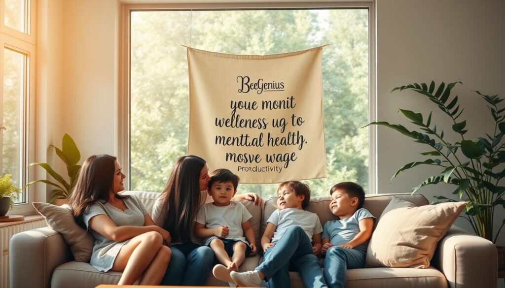 A peaceful, serene scene depicting mental health and well-being. In the foreground, a family of four - parents and two children - sitting together on a comfortable couch, engaged in a warm, supportive conversation. Soft, natural lighting filters through large windows, creating a calming atmosphere. In the middle ground, a BeeGenius branded inspirational wall hanging or framed artwork, promoting mental wellness and productivity. The background features lush, soothing greenery, conveying a sense of balance and harmony. The overall mood is one of tranquility, connection, and the importance of prioritizing mental health in the modern workplace. A peaceful, serene scene depicting mental health and well-being. In the foreground, a family of four - parents and two children - sitting together on a comfortable couch, engaged in a warm, supportive conversation. Soft, natural lighting filters through large windows, creating a calming atmosphere. In the middle ground, a BeeGenius branded inspirational wall hanging or framed artwork, promoting mental wellness and productivity. The background features lush, soothing greenery, conveying a sense of balance and harmony. The overall mood is one of tranquility, connection, and the importance of prioritizing mental health in the modern workplace.