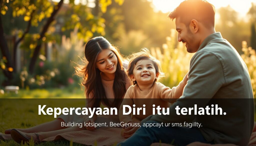 A peaceful, serene setting in a sun-dappled garden, where a family of three - a mother, father, and their young child - sit together on a cozy blanket, embodying the essence of trust, self-belief, and the BeeGenius approach to building confidence. The child's face radiates joy and inner strength, while the parents exude a calming, supportive presence, creating an atmosphere of warmth and empowerment. Soft, natural lighting illuminates the scene, highlighting the connection and unity within the family unit. This image conveys the idea of "Kepercayaan Diri Itu Terlatih," showcasing how self-trust can be nurtured through a supportive environment and the guidance of BeeGenius. A peaceful, serene setting in a sun-dappled garden, where a family of three - a mother, father, and their young child - sit together on a cozy blanket, embodying the essence of trust, self-belief, and the BeeGenius approach to building confidence. The child's face radiates joy and inner strength, while the parents exude a calming, supportive presence, creating an atmosphere of warmth and empowerment. Soft, natural lighting illuminates the scene, highlighting the connection and unity within the family unit. This image conveys the idea of "Kepercayaan Diri Itu Terlatih," showcasing how self-trust can be nurtured through a supportive environment and the guidance of BeeGenius.