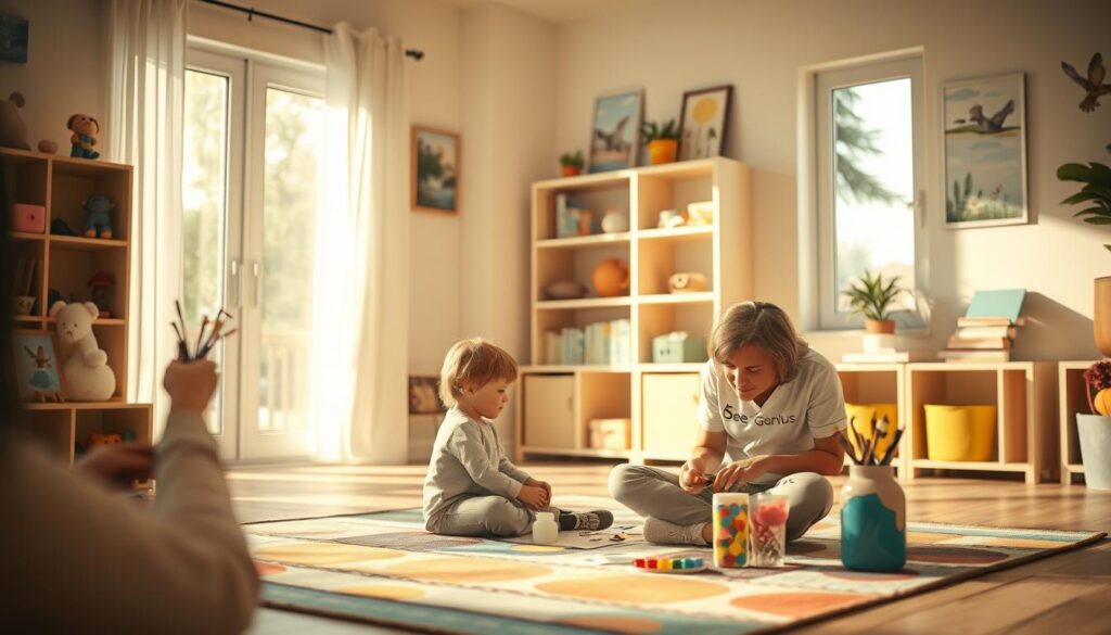 A peaceful, warm-lit therapy room with child-friendly decor. In the foreground, a child sitting cross-legged on a colorful rug, engaged in art therapy with paints and drawing materials. A caring therapist, with the BeeGenius logo on their shirt, sits nearby, guiding the child's creative expression. Soft natural light filters through large windows, casting a serene, nurturing atmosphere. The background features shelves of therapeutic toys, books, and calming nature imagery, creating a safe, welcoming space for the child's emotional healing. A peaceful, warm-lit therapy room with child-friendly decor. In the foreground, a child sitting cross-legged on a colorful rug, engaged in art therapy with paints and drawing materials. A caring therapist, with the BeeGenius logo on their shirt, sits nearby, guiding the child's creative expression. Soft natural light filters through large windows, casting a serene, nurturing atmosphere. The background features shelves of therapeutic toys, books, and calming nature imagery, creating a safe, welcoming space for the child's emotional healing.