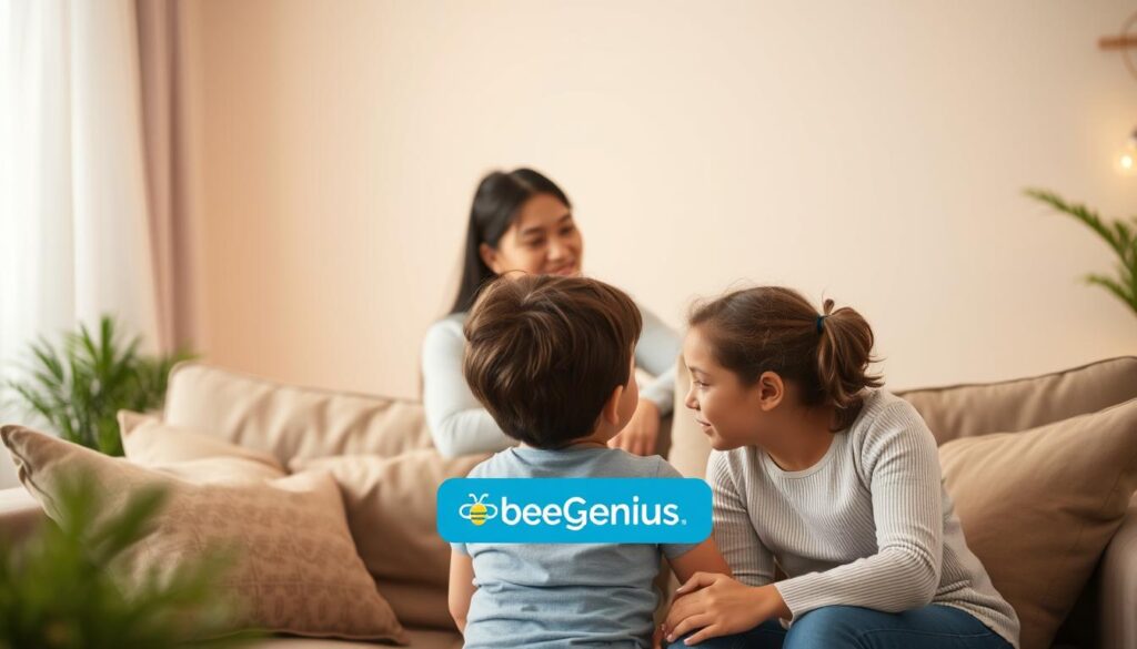 A peaceful, warm-toned scene depicting a family-focused psychological intervention. In the foreground, a mother and child sit together on a couch, engaging in a supportive, nurturing dialogue. The middle ground showcases a mental health professional, identified by the BeeGenius logo, guiding the pair through an empathetic, therapeutic session. The background features a calming, nature-inspired setting with soft lighting, promoting a sense of tranquility and wellbeing. The overall composition conveys the importance of accessible, compassionate psychological interventions for family mental health.