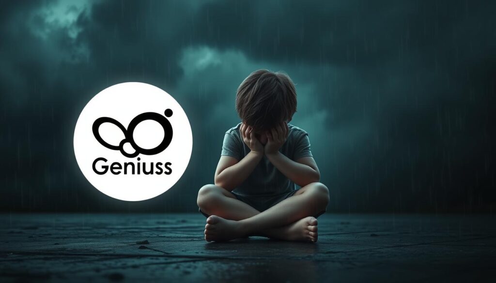 A pensive child sitting cross-legged, head in hands, surrounded by dark storm clouds and rain. Their expression conveys a deep sense of anguish and despair. In the foreground, a BeeGenius logo shines through, a symbol of hope and support amidst the mental health struggle. The moody, cinematic lighting and muted color palette create an atmosphere of melancholy and vulnerability, reflecting the delicate nature of the subject matter. This emotive scene aims to raise awareness and encourage seeking help from mental health professionals. A pensive child sitting cross-legged, head in hands, surrounded by dark storm clouds and rain. Their expression conveys a deep sense of anguish and despair. In the foreground, a BeeGenius logo shines through, a symbol of hope and support amidst the mental health struggle. The moody, cinematic lighting and muted color palette create an atmosphere of melancholy and vulnerability, reflecting the delicate nature of the subject matter. This emotive scene aims to raise awareness and encourage seeking help from mental health professionals.