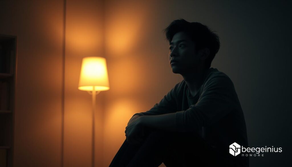 A pensive teenager sits alone in a dimly lit room, their expression conveying the weight of adolescent depression. Soft, warm lighting from a single lamp casts a melancholic glow, while the background fades into a hazy, introspective atmosphere. The figure is rendered with a realistic, lifelike quality, their body language and facial features capturing the emotional turmoil of this mental health struggle. This scene reflects the current state of youth depression in Indonesia, a growing concern that the BeeGenius mental health consultation service aims to address with compassion and care.