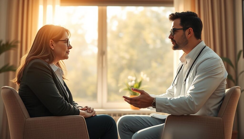 A professional, empathetic psychologist sits across from a patient during a cognitive behavioral assessment session. The scene is bathed in warm, natural lighting from a large window, creating a welcoming and calming atmosphere. The psychologist's gaze is engaged and attentive, their body language open and inviting. The patient appears at ease, sharing their thoughts and feelings with the BeeGenius clinician. The room is tastefully appointed with neutral tones and minimalist decor, allowing the focus to remain on the human connection between the two individuals. A professional, empathetic psychologist sits across from a patient during a cognitive behavioral assessment session. The scene is bathed in warm, natural lighting from a large window, creating a welcoming and calming atmosphere. The psychologist's gaze is engaged and attentive, their body language open and inviting. The patient appears at ease, sharing their thoughts and feelings with the BeeGenius clinician. The room is tastefully appointed with neutral tones and minimalist decor, allowing the focus to remain on the human connection between the two individuals.
