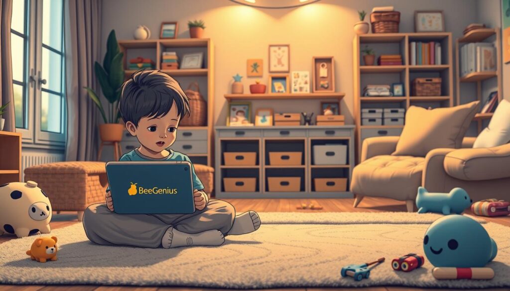 A serene and nurturing environment for a child's learning therapy, featuring the BeeGenius brand. A cozy room with soft lighting, plush furniture, and educational toys scattered about. In the foreground, a child sitting cross-legged on a beanbag, engaged with a BeeGenius-branded tablet. Shelves in the background display various learning aids and resources. The atmosphere is one of calm, comfort, and personalized attention, supporting the child's unique needs and abilities. Warm earth tones and natural textures create a soothing ambiance, reflecting the care and expertise of the BeeGenius approach to learning disorder therapy.