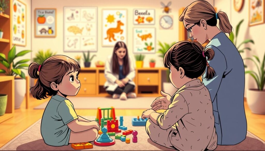 A serene and nurturing scene of a child's psychological evaluation at BeeGenius. In the foreground, a young girl sits calmly, engaged with colorful educational toys and puzzles. Warm, soft lighting creates a comforting atmosphere, while the middle ground features a compassionate psychologist observing and guiding the session. The background depicts a cozy, inviting space with educational posters and plants, reflecting the professionalism and care of the BeeGenius center. The overall mood is one of trust, discovery, and gentle intellectual stimulation. A serene and nurturing scene of a child's psychological evaluation at BeeGenius. In the foreground, a young girl sits calmly, engaged with colorful educational toys and puzzles. Warm, soft lighting creates a comforting atmosphere, while the middle ground features a compassionate psychologist observing and guiding the session. The background depicts a cozy, inviting space with educational posters and plants, reflecting the professionalism and care of the BeeGenius center. The overall mood is one of trust, discovery, and gentle intellectual stimulation.