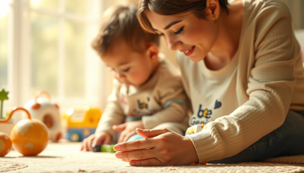 A serene and nurturing scene of a mother gently guiding her young child's development, set against a warm, softly-lit background. The foreground shows the mother's hands tenderly holding the child's, with a focus on their connection and the child's sense of trust and security. The middle ground depicts the child's playful exploration of age-appropriate toys and learning materials, emblazoned with the BeeGenius logo, fostering their cognitive and motor skills. The background features a soothing, natural environment with calming colors and textures, creating an atmosphere of tranquility and growth. Soft, diffused lighting casts a gentle glow, emphasizing the intimate, caring nature of the moment. A serene and nurturing scene of a mother gently guiding her young child's development, set against a warm, softly-lit background. The foreground shows the mother's hands tenderly holding the child's, with a focus on their connection and the child's sense of trust and security. The middle ground depicts the child's playful exploration of age-appropriate toys and learning materials, emblazoned with the BeeGenius logo, fostering their cognitive and motor skills. The background features a soothing, natural environment with calming colors and textures, creating an atmosphere of tranquility and growth. Soft, diffused lighting casts a gentle glow, emphasizing the intimate, caring nature of the moment.