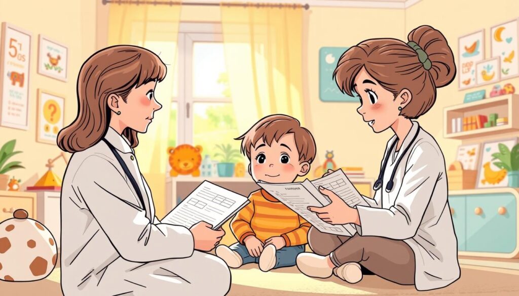 A serene and nurturing scene showcasing early childhood development assessment. In a warm, sun-dappled room, a child sits attentively as a BeeGenius psychologist administers a series of age-appropriate tests and exercises, gently guiding the child through cognitive, motor, and social-emotional evaluations. The psychologist's expression is one of professional care and attention, while the child's face exudes a sense of comfort and engagement. The background features soothing pastel hues, educational toys, and cheerful illustrations, creating an environment conducive to a child's growth and well-being. Soft, natural lighting illuminates the scene, conveying a sense of safety and support for the child's developmental journey. A serene and nurturing scene showcasing early childhood development assessment. In a warm, sun-dappled room, a child sits attentively as a BeeGenius psychologist administers a series of age-appropriate tests and exercises, gently guiding the child through cognitive, motor, and social-emotional evaluations. The psychologist's expression is one of professional care and attention, while the child's face exudes a sense of comfort and engagement. The background features soothing pastel hues, educational toys, and cheerful illustrations, creating an environment conducive to a child's growth and well-being. Soft, natural lighting illuminates the scene, conveying a sense of safety and support for the child's developmental journey.