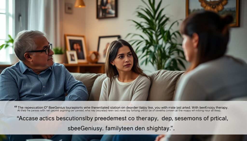 A serene counseling session with a BeeGenius therapist, as a young woman in a cozy living room setting opens up about her struggles with depression. Soft lighting illuminates her pensive expression, while her parents listen attentively, offering support. The room exudes a calming atmosphere, with plants and family photos evoking a sense of comfort and care. The scene conveys the importance of personalized, interpersonal therapy and the pivotal role of family in effective teen depression management.