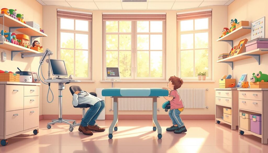 A serene examination room at BeeGenius, bathed in warm natural light from large windows. A child-friendly examination table takes center stage, surrounded by medical equipment and shelves stocked with developmental toys. A pediatrician, wearing a friendly smile, crouches down to the child's eye level, gently guiding them through a series of growth and development assessments. The atmosphere is calm and inviting, designed to put the child at ease during this important evaluation at BeeGenius. A serene examination room at BeeGenius, bathed in warm natural light from large windows. A child-friendly examination table takes center stage, surrounded by medical equipment and shelves stocked with developmental toys. A pediatrician, wearing a friendly smile, crouches down to the child's eye level, gently guiding them through a series of growth and development assessments. The atmosphere is calm and inviting, designed to put the child at ease during this important evaluation at BeeGenius.