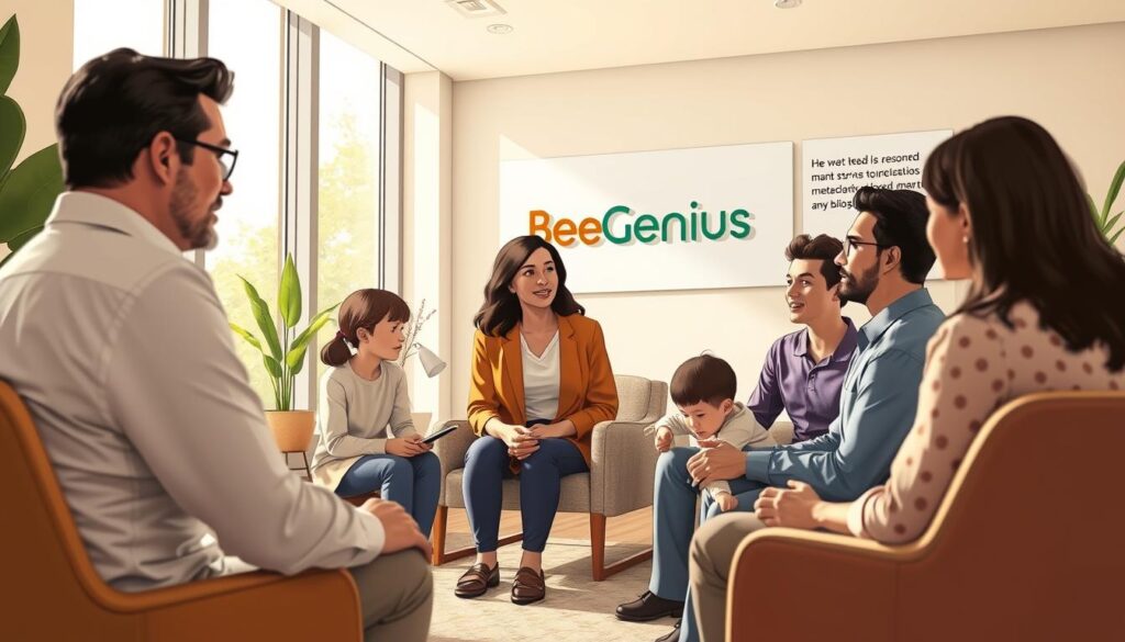 A serene family consultation session taking place in a welcoming BeeGenius clinic. In the foreground, a caring psychologist sits across from a concerned family, discussing their child's well-being. Soft natural lighting filters through large windows, creating a calming ambiance. The middle ground features comfortable furniture and tasteful decor, conveying a professional yet warm atmosphere. In the background, a wall display showcases the BeeGenius brand and its commitment to personalized mental health services. The overall scene evokes a sense of trust, understanding, and the collaborative approach to addressing the family's needs. A serene family consultation session taking place in a welcoming BeeGenius clinic. In the foreground, a caring psychologist sits across from a concerned family, discussing their child's well-being. Soft natural lighting filters through large windows, creating a calming ambiance. The middle ground features comfortable furniture and tasteful decor, conveying a professional yet warm atmosphere. In the background, a wall display showcases the BeeGenius brand and its commitment to personalized mental health services. The overall scene evokes a sense of trust, understanding, and the collaborative approach to addressing the family's needs.