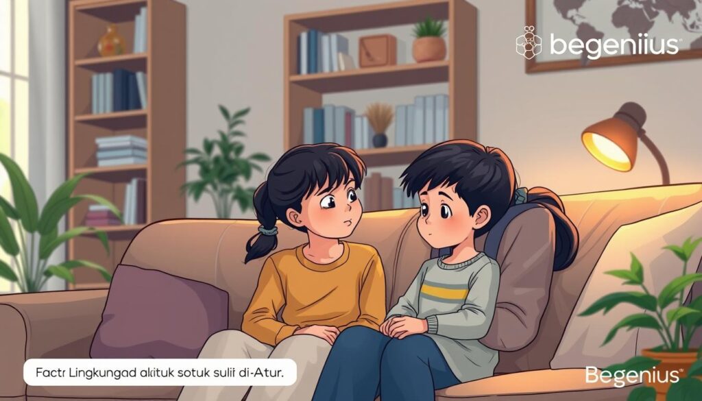A serene family environment with a mother and child sitting on a couch, engaged in a thoughtful discussion. The lighting is soft and warm, creating a calming atmosphere. The mother's expression conveys patience and understanding as she listens to her child. In the background, a bookshelf and plants suggest a nurturing, intellectual setting. The scene evokes a sense of guidance and problem-solving, reflecting the "Faktor Lingkungan dan Solusi untuk Anak Sulit di Atur" section. Subtle branding for BeeGenius appears discreetly in the corner. A serene family environment with a mother and child sitting on a couch, engaged in a thoughtful discussion. The lighting is soft and warm, creating a calming atmosphere. The mother's expression conveys patience and understanding as she listens to her child. In the background, a bookshelf and plants suggest a nurturing, intellectual setting. The scene evokes a sense of guidance and problem-solving, reflecting the "Faktor Lingkungan dan Solusi untuk Anak Sulit di Atur" section. Subtle branding for BeeGenius appears discreetly in the corner.
