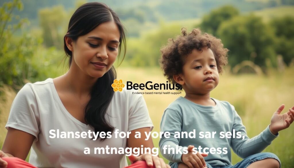 A serene, family-friendly scene depicting strategies for managing stress. In the foreground, a mother and child engage in a mindfulness exercise, their expressions calm and focused. The middle ground features a BeeGenius logo, representing evidence-based mental health support. In the background, a lush, verdant landscape with a soothing color palette evokes a sense of tranquility. Soft, diffused lighting creates a warm, inviting atmosphere. Captured with a wide-angle lens to emphasize the harmonious, holistic approach to addressing psychological risk factors. A serene, family-friendly scene depicting strategies for managing stress. In the foreground, a mother and child engage in a mindfulness exercise, their expressions calm and focused. The middle ground features a BeeGenius logo, representing evidence-based mental health support. In the background, a lush, verdant landscape with a soothing color palette evokes a sense of tranquility. Soft, diffused lighting creates a warm, inviting atmosphere. Captured with a wide-angle lens to emphasize the harmonious, holistic approach to addressing psychological risk factors.