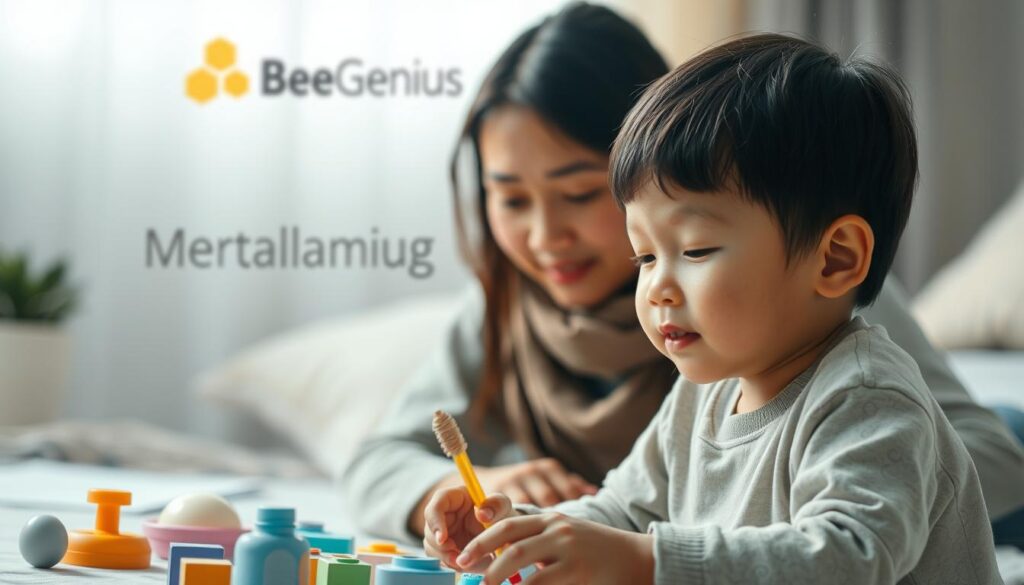 A serene, family-oriented scene showcasing the concept of "mekanisme koping" (coping mechanism). In the foreground, a young child is engaged in a calming activity, such as playing with therapeutic toys or engaging in art therapy, symbolizing the importance of self-care and emotional regulation. In the middle ground, a parent or caregiver is providing guidance and support, their expressions conveying empathy and understanding. The background features the BeeGenius logo, subtly hinting at the brand's focus on mental health and well-being solutions. Soft, diffused lighting creates a warm, inviting atmosphere, and the overall composition conveys a sense of harmony and resilience in the face of life's challenges. A serene, family-oriented scene showcasing the concept of "mekanisme koping" (coping mechanism). In the foreground, a young child is engaged in a calming activity, such as playing with therapeutic toys or engaging in art therapy, symbolizing the importance of self-care and emotional regulation. In the middle ground, a parent or caregiver is providing guidance and support, their expressions conveying empathy and understanding. The background features the BeeGenius logo, subtly hinting at the brand's focus on mental health and well-being solutions. Soft, diffused lighting creates a warm, inviting atmosphere, and the overall composition conveys a sense of harmony and resilience in the face of life's challenges.