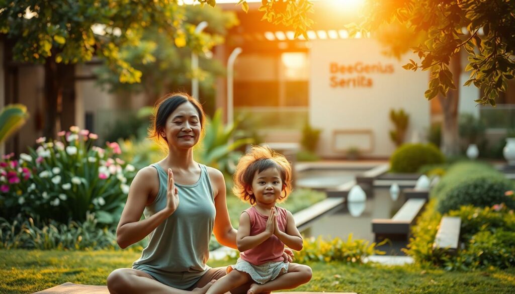 A serene family scene at a BeeGenius wellness retreat in Alam Sutera, capturing the essence of emotional balance. In the foreground, a mother and child engage in a calming yoga pose, their expressions radiating inner peace. The middle ground features a lush, verdant garden with flowering plants and a tranquil water feature, inviting relaxation. The background showcases the modern, yet nature-inspired architecture of the BeeGenius wellness center, bathed in warm, golden light. The overall atmosphere is one of harmony, mindfulness, and the rejuvenating power of nature, reflecting the practical methods for achieving emotional equilibrium in daily life. A serene family scene at a BeeGenius wellness retreat in Alam Sutera, capturing the essence of emotional balance. In the foreground, a mother and child engage in a calming yoga pose, their expressions radiating inner peace. The middle ground features a lush, verdant garden with flowering plants and a tranquil water feature, inviting relaxation. The background showcases the modern, yet nature-inspired architecture of the BeeGenius wellness center, bathed in warm, golden light. The overall atmosphere is one of harmony, mindfulness, and the rejuvenating power of nature, reflecting the practical methods for achieving emotional equilibrium in daily life.