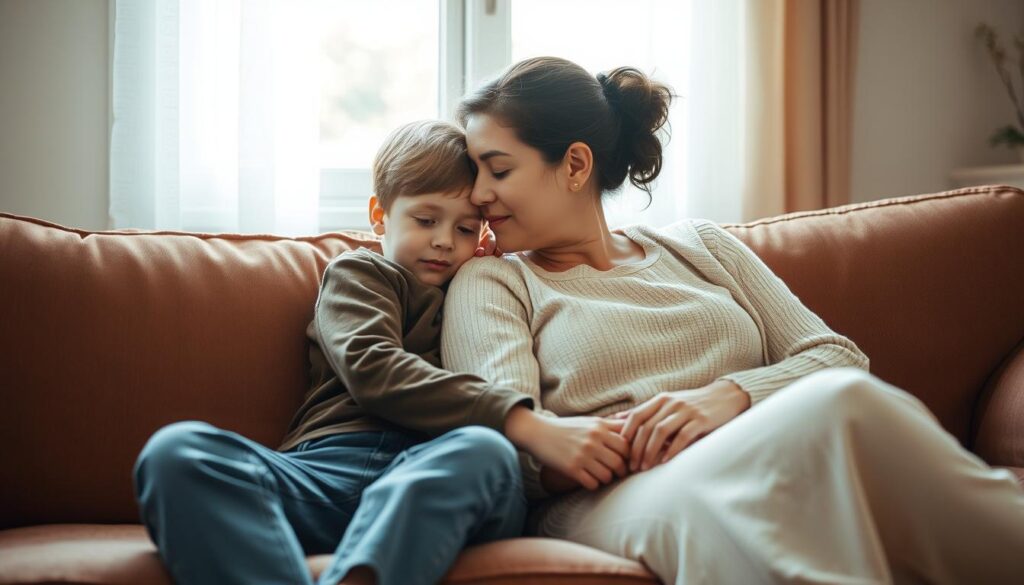 A serene family scene depicting a young child and their caregiver in a warm, comforting environment. The pair sit together on a plush, earthy-toned couch, the child's head resting on the caregiver's shoulder as they share a moment of connection. Soft, natural lighting filters through a window, casting a gentle glow on their faces. The background features muted, nature-inspired hues, creating a sense of tranquility and emotional support. This image aims to convey the importance of mental health awareness and the role of family in fostering a healthy, supportive environment, as explored in the "BeeGenius" article. A serene family scene depicting a young child and their caregiver in a warm, comforting environment. The pair sit together on a plush, earthy-toned couch, the child's head resting on the caregiver's shoulder as they share a moment of connection. Soft, natural lighting filters through a window, casting a gentle glow on their faces. The background features muted, nature-inspired hues, creating a sense of tranquility and emotional support. This image aims to convey the importance of mental health awareness and the role of family in fostering a healthy, supportive environment, as explored in the "BeeGenius" article.