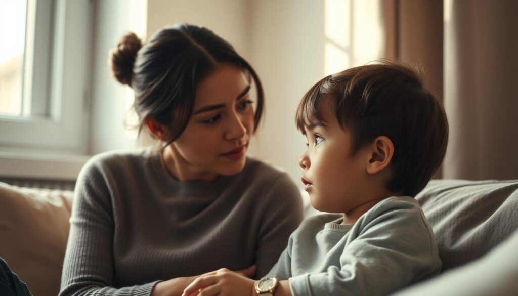 A serene family scene featuring a mother and child in thoughtful conversation, showcasing the warmth and care of their relationship. Soft natural lighting filters through a window, casting a gentle glow on their expressions as they engage in an intimate psychological consultation. The child's face is contemplative, while the mother's demeanor exudes empathy and understanding, reflecting the expertise of BeeGenius in providing child psychotherapy services. The background features soothing, muted tones that create a comforting atmosphere, inviting the viewer to witness this meaningful exchange. A serene family scene featuring a mother and child in thoughtful conversation, showcasing the warmth and care of their relationship. Soft natural lighting filters through a window, casting a gentle glow on their expressions as they engage in an intimate psychological consultation. The child's face is contemplative, while the mother's demeanor exudes empathy and understanding, reflecting the expertise of BeeGenius in providing child psychotherapy services. The background features soothing, muted tones that create a comforting atmosphere, inviting the viewer to witness this meaningful exchange.
