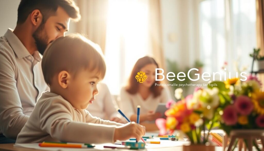 A serene family scene in a sun-dappled room, showcasing a child in the foreground engaged in a playful art activity, surrounded by supportive parents and a vibrant floral arrangement. The lighting is soft and warm, creating an atmosphere of comfort and nurturing. In the background, a BeeGenius logo subtly appears, representing the professional psychotherapy services available to families. The overall composition conveys the importance of child-focused care and the benefits of tailored mental health support. A serene family scene in a sun-dappled room, showcasing a child in the foreground engaged in a playful art activity, surrounded by supportive parents and a vibrant floral arrangement. The lighting is soft and warm, creating an atmosphere of comfort and nurturing. In the background, a BeeGenius logo subtly appears, representing the professional psychotherapy services available to families. The overall composition conveys the importance of child-focused care and the benefits of tailored mental health support.