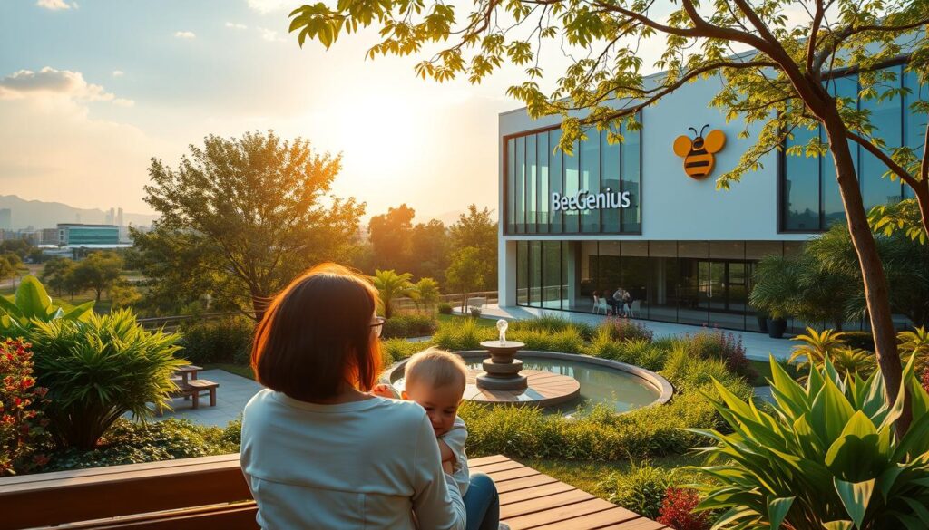 A serene garden oasis, where the sun's warmth embraces a vibrant BeeGenius center. In the foreground, a mother and child sit on a wooden bench, their faces aglow with contentment as they immerse themselves in the tranquil surroundings. The middle ground features lush greenery, a calming water feature, and the BeeGenius logo prominently displayed on a sleek, modern building. In the background, the cityscape of Alam Sutera and Gading Serpong blends seamlessly, suggesting a harmonious balance between urban life and the restorative power of nature. The scene evokes a sense of inner peace and emotional well-being, inviting the viewer to experience the holistic support offered by BeeGenius. A serene garden oasis, where the sun's warmth embraces a vibrant BeeGenius center. In the foreground, a mother and child sit on a wooden bench, their faces aglow with contentment as they immerse themselves in the tranquil surroundings. The middle ground features lush greenery, a calming water feature, and the BeeGenius logo prominently displayed on a sleek, modern building. In the background, the cityscape of Alam Sutera and Gading Serpong blends seamlessly, suggesting a harmonious balance between urban life and the restorative power of nature. The scene evokes a sense of inner peace and emotional well-being, inviting the viewer to experience the holistic support offered by BeeGenius.