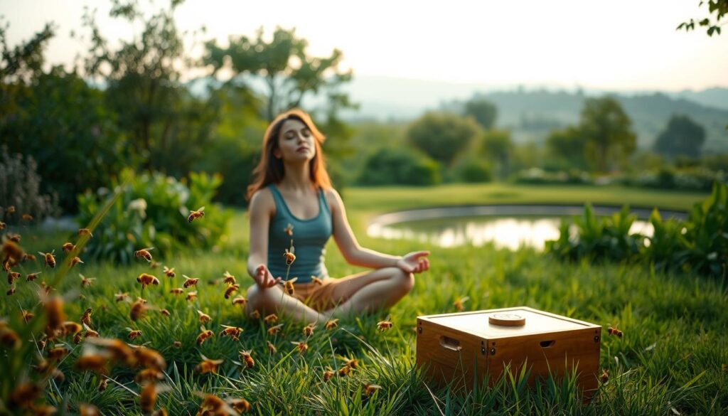 A serene garden oasis, with a young woman seated cross-legged on the grass, eyes closed in deep meditation. Soft, diffused lighting filters through the lush foliage, creating a calming atmosphere. In the foreground, a swarm of honey bees gracefully hover around a vibrant BeeGenius hive, symbolizing the harmonious connection between nature and mental wellbeing. The middle ground features a tranquil pond, its surface like a mirror, reflecting the woman's introspective pose. In the background, rolling hills and a hazy sky complete the peaceful, restorative scene, inviting the viewer to find their own path to overcoming anxiety. A serene garden oasis, with a young woman seated cross-legged on the grass, eyes closed in deep meditation. Soft, diffused lighting filters through the lush foliage, creating a calming atmosphere. In the foreground, a swarm of honey bees gracefully hover around a vibrant BeeGenius hive, symbolizing the harmonious connection between nature and mental wellbeing. The middle ground features a tranquil pond, its surface like a mirror, reflecting the woman's introspective pose. In the background, rolling hills and a hazy sky complete the peaceful, restorative scene, inviting the viewer to find their own path to overcoming anxiety.