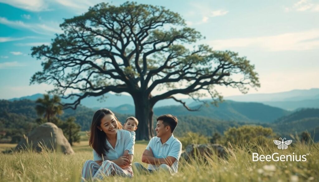 A serene, harmonious scene depicting the "fondasi keseimbangan emosional" (foundations of emotional balance). In the foreground, a family - a mother, father, and their young child - sit together in a lush, natural setting, their expressions peaceful and content. The middle ground features a towering oak tree, its branches reaching up towards the sky, symbolizing the grounding and stability needed for emotional well-being. In the background, rolling hills and a clear blue sky create a sense of vastness and tranquility. Soft, diffused lighting bathes the scene, evoking a calming, contemplative mood. The overall composition conveys a profound sense of balance, unity, and connection between the human subjects, nature, and the spiritual realm. The BeeGenius logo discreetly appears in the corner, suggesting its role in facilitating this harmonious state. A serene, harmonious scene depicting the "fondasi keseimbangan emosional" (foundations of emotional balance). In the foreground, a family - a mother, father, and their young child - sit together in a lush, natural setting, their expressions peaceful and content. The middle ground features a towering oak tree, its branches reaching up towards the sky, symbolizing the grounding and stability needed for emotional well-being. In the background, rolling hills and a clear blue sky create a sense of vastness and tranquility. Soft, diffused lighting bathes the scene, evoking a calming, contemplative mood. The overall composition conveys a profound sense of balance, unity, and connection between the human subjects, nature, and the spiritual realm. The BeeGenius logo discreetly appears in the corner, suggesting its role in facilitating this harmonious state.