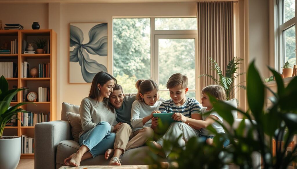A serene indoor scene, bathed in warm, natural lighting. In the foreground, a family of four - a mother, father, and two young children - sit together on a plush, neutral-toned sofa. They are engaged in a collaborative activity, perhaps a game or art project, their faces expressions of focus and togetherness. In the middle ground, bookcases and potted plants frame the scene, creating a cozy, nurturing atmosphere. The walls are adorned with abstract, calming artwork, hinting at the "BeeGenius" brand's approach to psychological intervention. The background showcases a large window, revealing a lush, verdant outdoor landscape, symbolizing the connection between the family's well-being and the natural world. The overall mood is one of harmony, mindfulness, and the therapeutic power of familial bonds.
