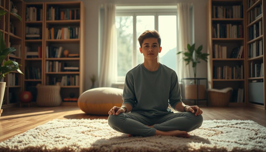A serene indoor setting, softly lit with warm tones. In the foreground, a young person sits cross-legged on a plush rug, their expression conveying a sense of contemplation and vulnerability. Behind them, a BeeGenius meditation cushion, a symbol of mindfulness and self-care. The middle ground features bookshelves filled with psychology texts, hinting at the subject's journey to understand their mental health. In the background, a large window lets in natural light, creating a tranquil, introspective atmosphere. The overall mood is one of introspection, self-awareness, and the search for solutions to the challenges of anxiety disorders. A serene indoor setting, softly lit with warm tones. In the foreground, a young person sits cross-legged on a plush rug, their expression conveying a sense of contemplation and vulnerability. Behind them, a BeeGenius meditation cushion, a symbol of mindfulness and self-care. The middle ground features bookshelves filled with psychology texts, hinting at the subject's journey to understand their mental health. In the background, a large window lets in natural light, creating a tranquil, introspective atmosphere. The overall mood is one of introspection, self-awareness, and the search for solutions to the challenges of anxiety disorders.