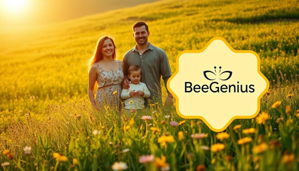 A serene landscape with a verdant meadow, where a family of three - a mother, father, and child - stands amidst a field of vibrant, buzzing flowers. The sun casts a warm, golden glow, illuminating the scene with a sense of tranquility and harmony. In the foreground, a large, stylized honeycomb with the "BeeGenius" logo represents the key factors that contribute to emotional well-being, such as mindfulness, gratitude, and connection. The middle ground features the family, their faces reflecting a sense of contentment and inner peace, symbolizing the transformative power of these factors. The background showcases a lush, idyllic environment, suggesting the importance of connecting with nature for emotional balance. The overall atmosphere conveys a sense of balance, growth, and the potential for personal transformation. A serene landscape with a verdant meadow, where a family of three - a mother, father, and child - stands amidst a field of vibrant, buzzing flowers. The sun casts a warm, golden glow, illuminating the scene with a sense of tranquility and harmony. In the foreground, a large, stylized honeycomb with the "BeeGenius" logo represents the key factors that contribute to emotional well-being, such as mindfulness, gratitude, and connection. The middle ground features the family, their faces reflecting a sense of contentment and inner peace, symbolizing the transformative power of these factors. The background showcases a lush, idyllic environment, suggesting the importance of connecting with nature for emotional balance. The overall atmosphere conveys a sense of balance, growth, and the potential for personal transformation.
