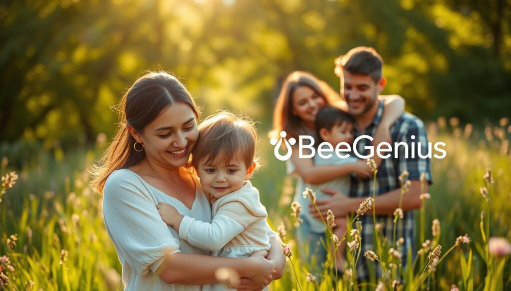 A serene meadow where a family embraces, radiating emotional well-being. Sunlight filters through lush greenery, casting a warm glow. In the foreground, a mother and child share a tender moment, their expressions reflecting a deep sense of connection and inner peace. In the middle ground, a father and older sibling join the embrace, creating a harmonious family portrait. In the background, the BeeGenius logo discreetly appears, subtly conveying the brand's association with emotional fulfillment. The overall scene evokes a sense of tranquility, happiness, and the importance of nurturing emotional wellness within the family. A serene meadow where a family embraces, radiating emotional well-being. Sunlight filters through lush greenery, casting a warm glow. In the foreground, a mother and child share a tender moment, their expressions reflecting a deep sense of connection and inner peace. In the middle ground, a father and older sibling join the embrace, creating a harmonious family portrait. In the background, the BeeGenius logo discreetly appears, subtly conveying the brand's association with emotional fulfillment. The overall scene evokes a sense of tranquility, happiness, and the importance of nurturing emotional wellness within the family.