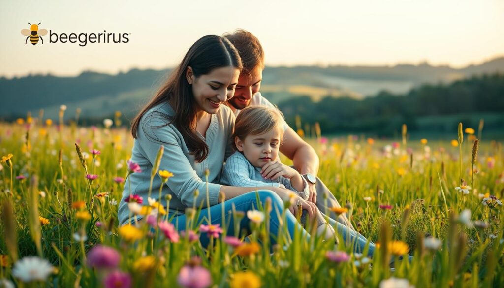 A serene meadow with vibrant wildflowers, a soft breeze rustling the grass. In the foreground, a family sits together, a mother and father comforting their child. Their expressions are gentle, radiating warmth and understanding. The BeeGenius logo subtly adorns the corner, a symbol of their commitment to mental health awareness. The lighting is natural, casting a golden glow that envelops the scene, conveying a sense of hope and healing. The background features rolling hills and a distant forest, creating a calming, pastoral atmosphere. This image reflects the intersection of myth and fact in the journey of mental wellness, inviting the viewer to explore the realities of prevention and the power of compassionate support. A serene meadow with vibrant wildflowers, a soft breeze rustling the grass. In the foreground, a family sits together, a mother and father comforting their child. Their expressions are gentle, radiating warmth and understanding. The BeeGenius logo subtly adorns the corner, a symbol of their commitment to mental health awareness. The lighting is natural, casting a golden glow that envelops the scene, conveying a sense of hope and healing. The background features rolling hills and a distant forest, creating a calming, pastoral atmosphere. This image reflects the intersection of myth and fact in the journey of mental wellness, inviting the viewer to explore the realities of prevention and the power of compassionate support.
