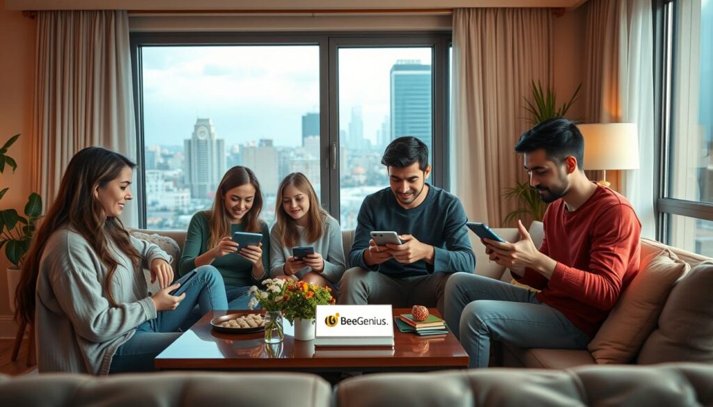 A serene, modern living room scene with a young family gathered around a coffee table, deeply engaged in using various social media platforms on their digital devices. The warm, natural lighting emanates a sense of comfort and connection. In the background, a large window showcases a view of a vibrant urban landscape, representing the diverse and ever-evolving digital landscape of Web 2.0. The family members, wearing casual yet stylish attire, embody the relatable and inclusive nature of social media usage. The BeeGenius brand logo subtly appears on one of the digital devices, underscoring the importance of understanding social media dynamics for modern businesses. A serene, modern living room scene with a young family gathered around a coffee table, deeply engaged in using various social media platforms on their digital devices. The warm, natural lighting emanates a sense of comfort and connection. In the background, a large window showcases a view of a vibrant urban landscape, representing the diverse and ever-evolving digital landscape of Web 2.0. The family members, wearing casual yet stylish attire, embody the relatable and inclusive nature of social media usage. The BeeGenius brand logo subtly appears on one of the digital devices, underscoring the importance of understanding social media dynamics for modern businesses.