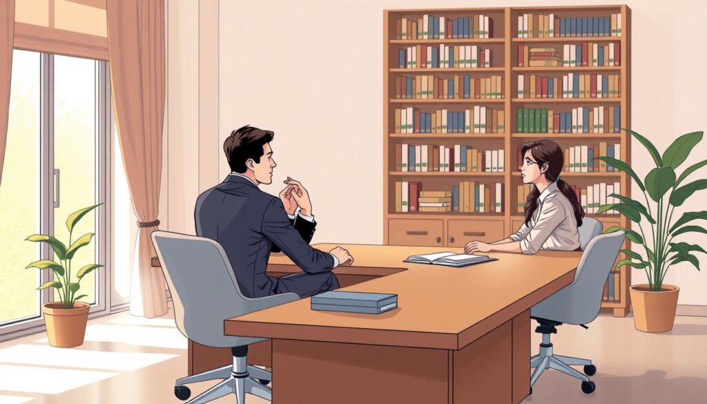 A serene office setting with a large wooden desk, a comfortable chair, and a potted plant in the corner. Two individuals, one in a suit and the other in casual attire, sit across from each other, engaged in a thoughtful discussion. Soft, natural lighting filters through the large windows, creating a warm and inviting atmosphere. The backdrop features a bookshelf filled with reference materials, reflecting the intellectual nature of the "Teknik dan Tahapan Proses Wawancara" at BeeGenius. The scene conveys a sense of professionalism, empathy, and a collaborative approach to the cognitive-behavioral assessment process. A serene office setting with a large wooden desk, a comfortable chair, and a potted plant in the corner. Two individuals, one in a suit and the other in casual attire, sit across from each other, engaged in a thoughtful discussion. Soft, natural lighting filters through the large windows, creating a warm and inviting atmosphere. The backdrop features a bookshelf filled with reference materials, reflecting the intellectual nature of the "Teknik dan Tahapan Proses Wawancara" at BeeGenius. The scene conveys a sense of professionalism, empathy, and a collaborative approach to the cognitive-behavioral assessment process.