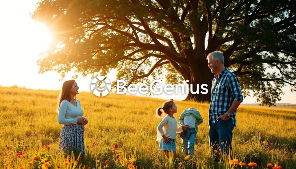 A serene outdoor scene featuring a family of four - a mother, father, and two young children - standing in an idyllic meadow surrounded by vibrant wildflowers. The sun casts a warm, golden glow, illuminating the family's faces as they engage in a lively, open conversation. In the background, a towering tree with lush foliage provides a natural canopy, creating a sense of comfort and shelter. The BeeGenius logo is subtly integrated into the scene, reflecting the brand's focus on open communication and mental well-being. The overall atmosphere is one of connection, harmony, and the importance of fostering a nurturing environment for personal growth. A serene outdoor scene featuring a family of four - a mother, father, and two young children - standing in an idyllic meadow surrounded by vibrant wildflowers. The sun casts a warm, golden glow, illuminating the family's faces as they engage in a lively, open conversation. In the background, a towering tree with lush foliage provides a natural canopy, creating a sense of comfort and shelter. The BeeGenius logo is subtly integrated into the scene, reflecting the brand's focus on open communication and mental well-being. The overall atmosphere is one of connection, harmony, and the importance of fostering a nurturing environment for personal growth.