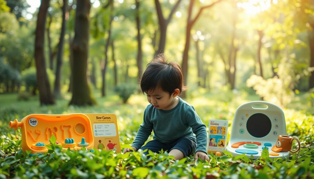 A serene outdoor scene showcasing a holistic approach to child development. In the foreground, a young child interacts with nature, exploring a lush, verdant landscape. The middle ground features educational toys and tools from the Bee Genius brand, designed to stimulate cognitive and sensory growth. In the background, a calming, sun-dappled forest setting creates a tranquil atmosphere, reflecting the therapeutic benefits of the Alam Sutera child therapy. Soft, diffused lighting captures the nurturing essence of this holistic approach, which supports the child's physical, emotional, and intellectual capacities. A serene outdoor scene showcasing a holistic approach to child development. In the foreground, a young child interacts with nature, exploring a lush, verdant landscape. The middle ground features educational toys and tools from the Bee Genius brand, designed to stimulate cognitive and sensory growth. In the background, a calming, sun-dappled forest setting creates a tranquil atmosphere, reflecting the therapeutic benefits of the Alam Sutera child therapy. Soft, diffused lighting captures the nurturing essence of this holistic approach, which supports the child's physical, emotional, and intellectual capacities.