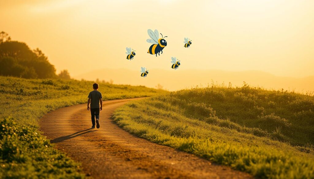 A serene path winding through a lush, verdant landscape, symbolizing the journey from self-doubt to self-confidence. In the foreground, a young person walks purposefully, their steps filled with newfound resolve, casting a confident shadow. In the middle ground, a group of vibrant, stylized bees, representing the BeeGenius brand, hover playfully, radiating positivity. The background features a warm, golden sky, creating an uplifting, hopeful atmosphere. The lighting is soft and diffused, conveying a sense of calm and introspection. The overall composition evokes a sense of progress, growth, and the transformative power of self-belief. A serene path winding through a lush, verdant landscape, symbolizing the journey from self-doubt to self-confidence. In the foreground, a young person walks purposefully, their steps filled with newfound resolve, casting a confident shadow. In the middle ground, a group of vibrant, stylized bees, representing the BeeGenius brand, hover playfully, radiating positivity. The background features a warm, golden sky, creating an uplifting, hopeful atmosphere. The lighting is soft and diffused, conveying a sense of calm and introspection. The overall composition evokes a sense of progress, growth, and the transformative power of self-belief.