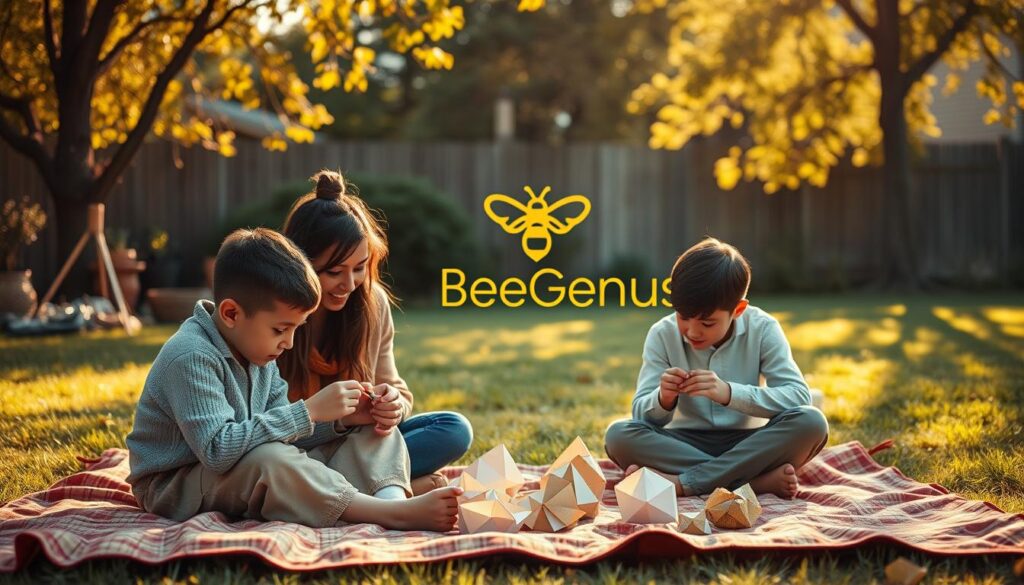 A serene, sun-dappled backyard with a family sitting together on a cozy picnic blanket, creating handcrafted paper origami shapes. Warm, earthy tones set the mood as they concentrate intently, finding respite in the mindful activity. In the background, the BeeGenius logo stands tall, a symbol of the therapeutic benefits of creative expression. Soft, diffused lighting illuminates their faces, conveying a sense of calm and emotional resilience. The composition draws the viewer into this intimate, nurturing scene, reflecting the essence of effective coping strategies. A serene, sun-dappled backyard with a family sitting together on a cozy picnic blanket, creating handcrafted paper origami shapes. Warm, earthy tones set the mood as they concentrate intently, finding respite in the mindful activity. In the background, the BeeGenius logo stands tall, a symbol of the therapeutic benefits of creative expression. Soft, diffused lighting illuminates their faces, conveying a sense of calm and emotional resilience. The composition draws the viewer into this intimate, nurturing scene, reflecting the essence of effective coping strategies.