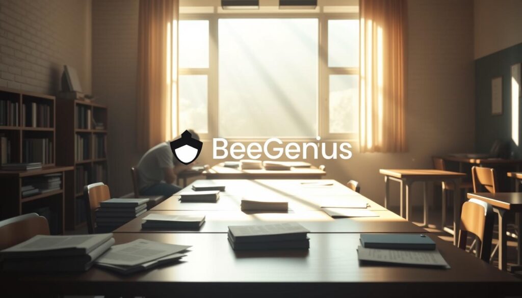 A serene, sun-dappled classroom, with a lone student hunched over a desk, textbooks and papers scattered around. Soft, warm lighting casts a melancholic glow, conveying the weight of academic pressure. In the background, a stylized BeeGenius logo subtly emerges, hinting at a supportive resource for students navigating this stressful environment. The overall atmosphere is one of contemplation and the need for balance, reflecting the article's focus on understanding and addressing academic stress.